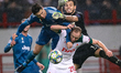 Cristiano Ronaldo of Juventus (L) and Guilherme of FC Lokomotiv Moskva vie for the ball du...