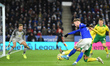 James Maddison (10) of Leicester City shoots at goal during the Premier League match betw...