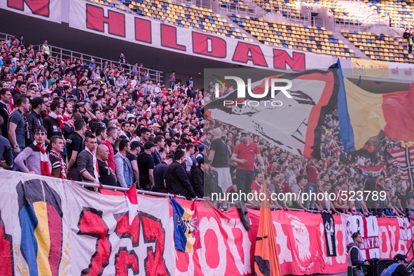 April 11, 2015: The supporters of FC Dinamo Bucharest during the Liga I game between  FC Dinamo Bucharest ROU and FC Rapid Bucharest ROU at...
