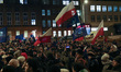 People with Polish and EU flags protesting in front of Court are seen in Gdansk, Poland on...