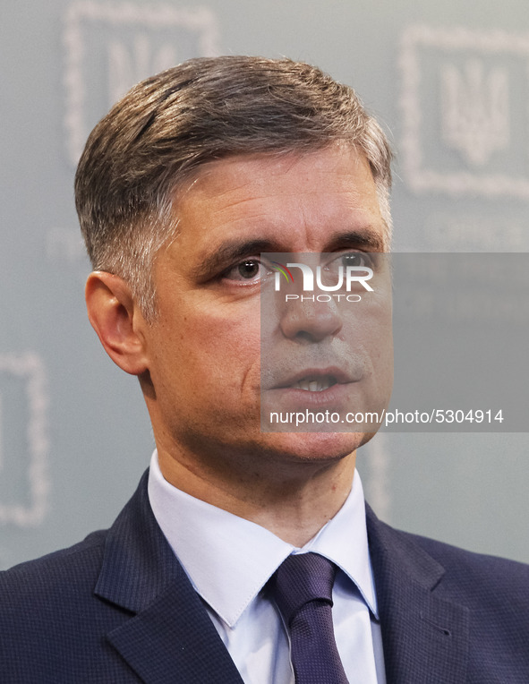 Ukraine's Foreign Minister Vadym Prystaiko answers questions of journalists during a briefing about the Boeing 737 airplane crash in Iran, i...