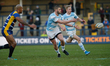     Johnny Williams of Newcastle Falcons fires out a pass during the Greene King IPA Champ...