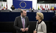European Commission President Ursula von der Leyen speaks with Chairman of the center-righ...