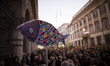 People take part in a demonstration  organized by the Italian grass-roots movement Sardine...