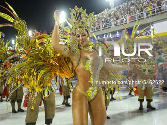 People of the Samba School Academicos de Vigario geral perform during the Rio Carnival, in Rio de Janeiro, Brazil, on February 21, 2020  by Gilson Borba/NurPhoto