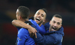 Olympiakos squad smiles during the 2019/20 UEFA Europa League 1/32 playoff finale game bet...