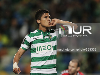 Sporting's forward Fredy Montero celebrates his goal  during the Portuguese League  football match between Sporting CP and CD Nacional at Jo...