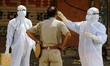  Medics collects a swap sample of a police personnel  during a door-to-door examination of...