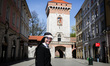 A nun wears a protective shield due to the spread of coronavirus. Krakow, Poland on April...