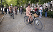 (EDITOR'S NOTE: Image contains nudity.)   Naked cyclists on bicycles in the middle of Madr...