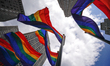 Rainbow flags at Rockefeller Plaza to celebrate International LGBT Pride Day as Manhattan...