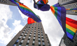 Rainbow flags at Rockefeller Plaza to celebrate International LGBT Pride Day as Manhattan...