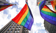 Rainbow flags at Rockefeller Plaza to celebrate International LGBT Pride Day as Manhattan...
