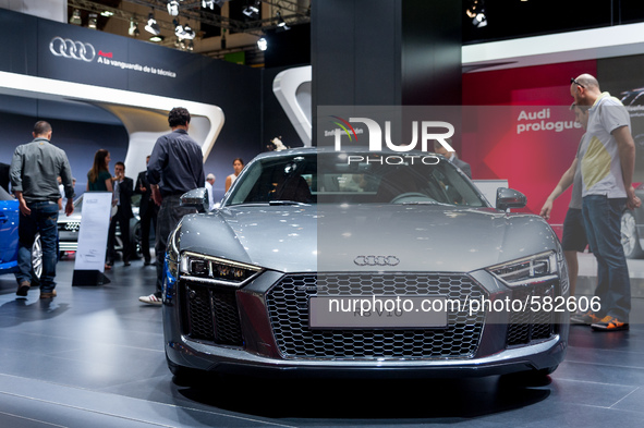 Audi exhibits his Audi R8 V10 in the International Motor Show in Barcelona on May 12, 2015 