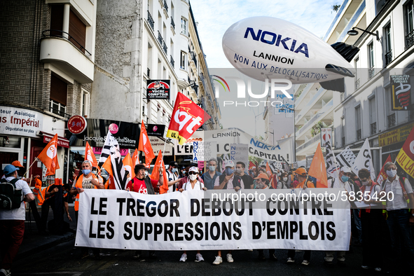 Several hundred employees of the Nokia group, including those at the Lannion plant, gathered in Paris, France, on July 8, 2020 for a large d...