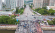 A drone view of protesters' barricades as they await the arrival of riot police on July 14...