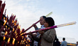 Leshan, China, the 19 July 2011. People pray in a temple on the mount Emei. This mountain...