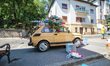 Polish yellow Fiat 126 p with a Mazda koala bear shaped wheel caps is seen in Budapest, Hu...
