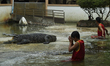 A performer praying in front of a crocodile during a performance at Samutprakarn Crocodile...