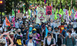 Environmental activists from Extinction Rebellion march to Parliament Square on the first...
