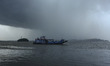 A passenger ferry in the Brahmaputra river in a cloudy day, in Guwahati, Assam, India on W...