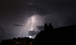 Night of electrical storm over Barcelona and in front of the city's coast, in Barcelona on...