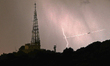 Night of electrical storm over Barcelona and in front of the city's coast. Lightning strik...
