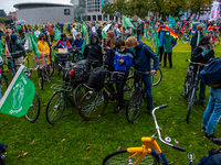 Climate activists and students are seen gathering with their bikes at the Museumplein during the Global Climate Strike, in Amsterdam, on Sep...