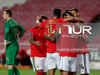 Haris Seferovic of SL Benfica (R ) celebrates with teammates after scoring during the Portuguese League football match between SL Benfica an...