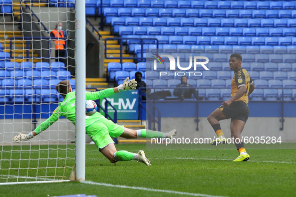   Newports Tristan Abrahams scores to make it 1-0 during the Sky Bet League 2 match between Bolton Wanderers and Newport County at the Reebo...
