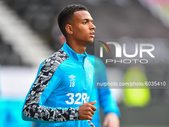  
Morgan Whittaker of Derby County warms up ahead of kick-off during the Sky Bet Championship match between Derby County and Blackburn Rove...