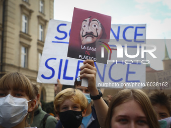 Students and supporters attend 'Krakow For Climate Justice' protest organized by Fridays for Future movement also known as Youth Strike for...
