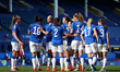  Everton Women's Valrie Gauvin (left) celebrates with her team mates after scoring her sid...