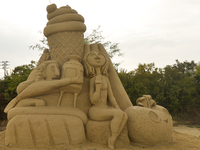 'Cloudy with a chance of meatballs' by Kalin Dilovski seen during the 13th edition of Burgas Sand Sculptures Festival 2020 in Burgas Park 'E...