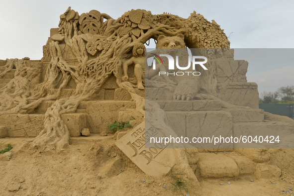 'The Jungle Book' by Ani Zlateva and Georgi Zlatev, seen during the 13th edition of Burgas Sand Sculptures Festival 2020 in Burgas Park 'Eze...