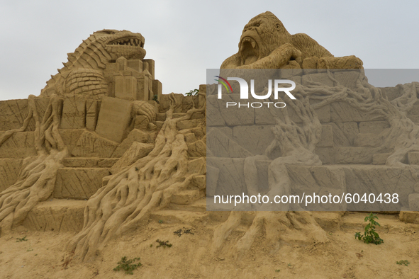 (L-R) 'Godzilla' and 'King Kong' by Ani Zlateva and Georgi Zlatev, seen during the 13th edition of Burgas Sand Sculptures Festival 2020 in B...