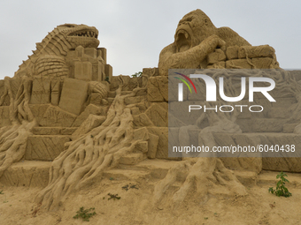 (L-R) 'Godzilla' and 'King Kong' by Ani Zlateva and Georgi Zlatev, seen during the 13th edition of Burgas Sand Sculptures Festival 2020 in B...
