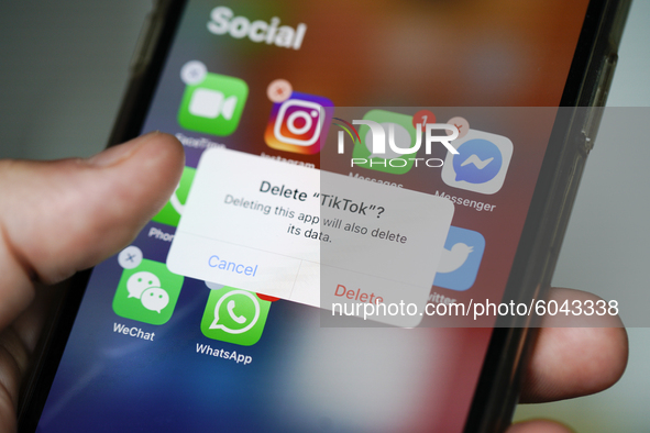 The TikTok application is seen on an iPhone 11 Pro max in this photo illustration in Warsaw, Poland on September 29, 2020. The TikTok app wi...