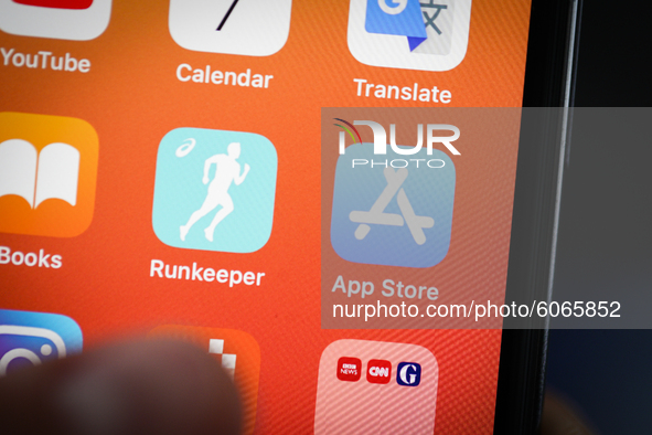 The Apple App Store application is seen on an iPhone in this photo illustration taken in Warsaw, Poland on October 7, 2020. A democratic sub...