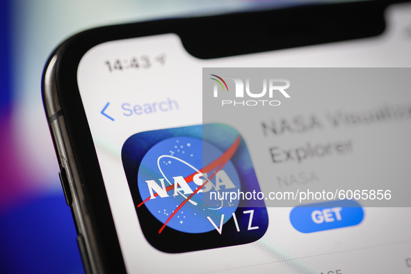 The NASA application is seen in the Apple App Store in this photo illustration taken in Warsaw, Poland on October 7, 2020. NASA has develope...