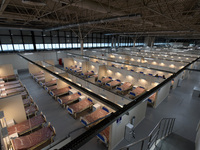 Hospital beds at a temporary medical facility for COVID-19 patients deployed at the Lenexpo Exhibition Center in St. Petersburg, Russia, on...