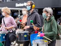 Environmentalists, including members of Extinction Rebellion protest against the High Speed 2 project at Euston Station, London, England on...