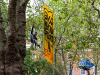 Environmentalists, including members of Extinction Rebellion protest against the High Speed 2 project at Euston park, London, England on Oct...