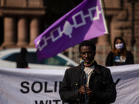 Desmond Cole speaks at Queens Park in support of members of the Six Nations demand an end to the criminalization of land defenders across th...