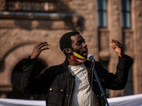 Desmond Cole speaks at Queens Park in support of members of the Six Nations demand an end to the criminalization of land defenders across th...