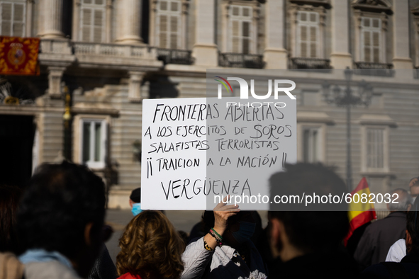 Demonstrations for the national day of Spain in Madrid, called by VOX in front of the Royal Palace and Paseo de la Castellana and against th...