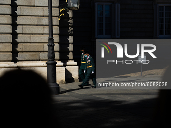 Civil Guard in front of the Royal Palace of Spain in Madrid, Spain, on October 12, 2020. (