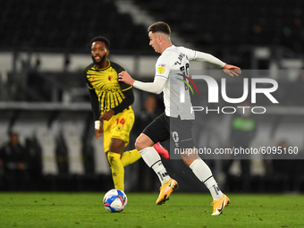 
Tom Lawrence of Derby County makes a run at goal during the Sky Bet Championship match between Derby County and Watford at the Pride Park,...