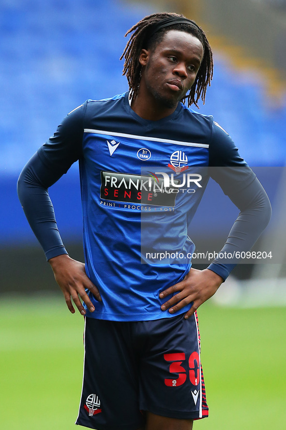  New Bolton signing Peter Kioso warming up during the Sky Bet League 2 match between Bolton Wanderers and Oldham Athletic at the Reebok Stad...