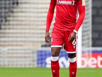 Gillingham's Zech Medley during the first half of the Sky Bet League One match between MK Dons and Gillingham at Stadium MK, Milton Keynes o...